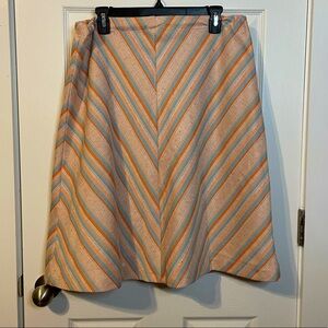 VTG double knit poly a-line skirt peach w/ blue & orange “V” stripes sz L (?)